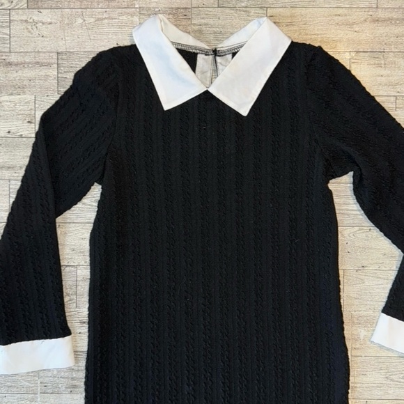 Wednesday Style, Ribbed Black, Long Sleeve Collared Dress - Picture 6 of 16